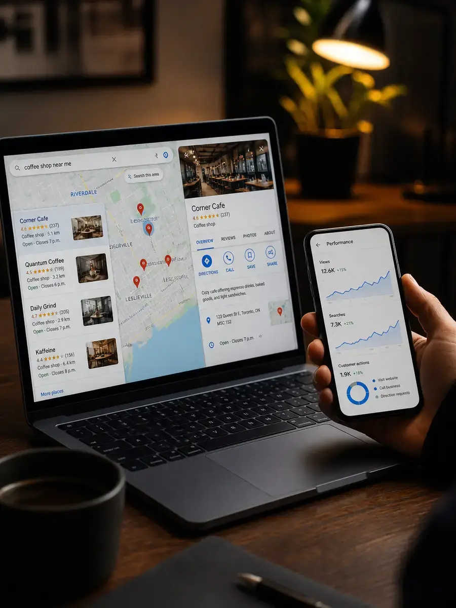 Laptop und Smartphone mit lokaler Sichtbarkeit und Analytics