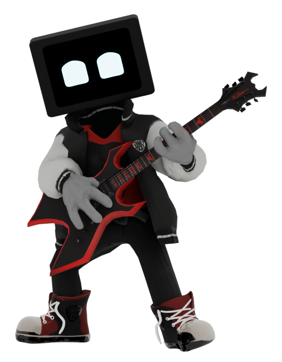 Stylische Figur mit Monitor-Head und E-Gitarre